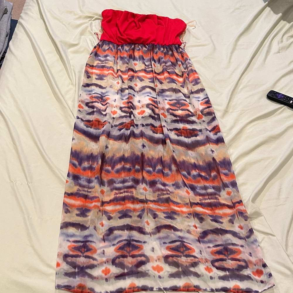 Strapless Maxi Dress with Red Bodice & Multicolor Ikat Skirt